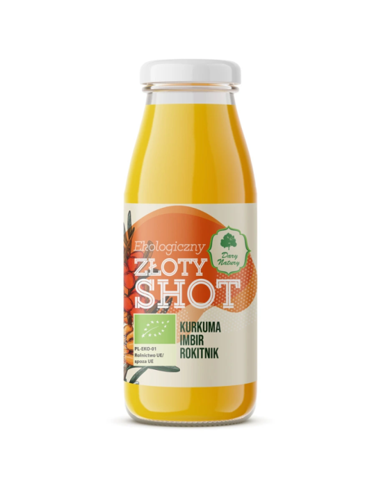 Ekologiczny złoty shot kurkuma, imbir, rokitnik 250 ml | Dary Natury