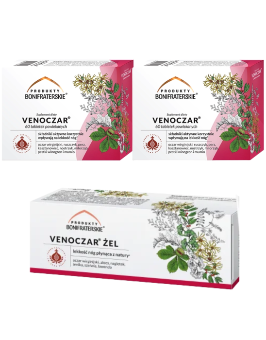 Zestaw promocyjny na ciężkie nogi Venoczar żel 75 g + 2x Venoczar 60 tab | Produkty Bonifraterskie