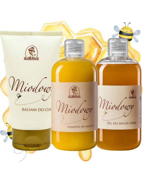Zestaw pielęgnacyjny miodowy – balsam 150 ml, żel do mycia ciała 300 ml i szampon 300 ml | Korana