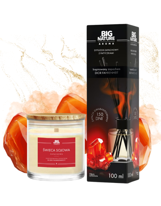 Zestaw inspirowany zapachem Dior Fahrenheit – świeca sojowa 150 g & dyfuzor patyczkowy 50 ml | Big Nature