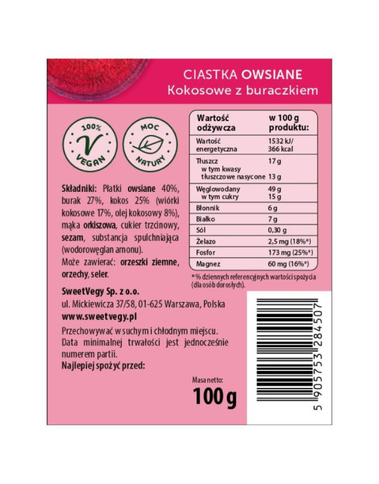 Ciastka owsiane kokosowe z buraczkiem bez dodatku cukru 100 g | SweetVegy